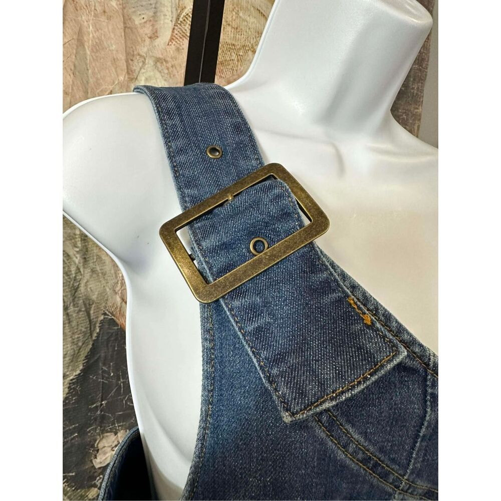 Anthropologie Dark Blue Denim Wide-Leg Asymmetric Overalls Jumpsuit - Picture 8 of 11